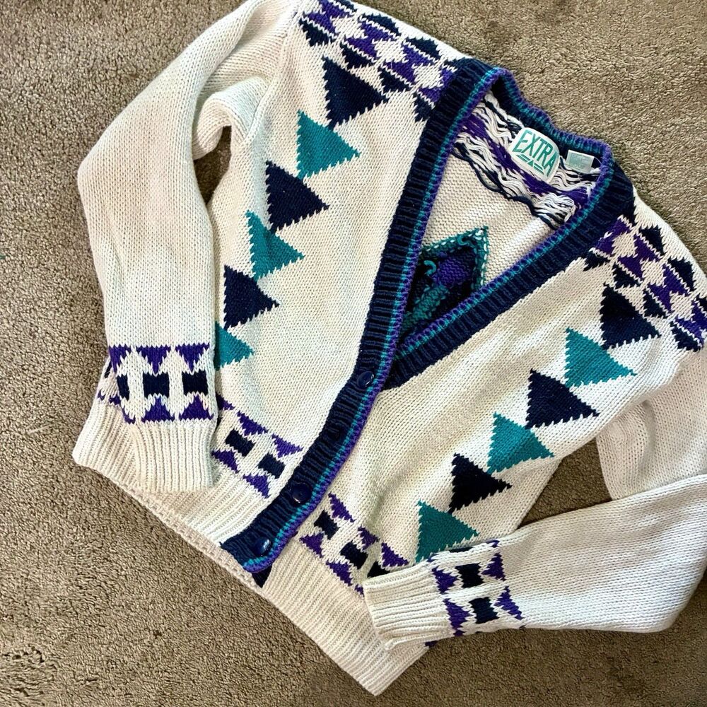 Vintage 90s EXTRA Geometric Aztec Cardigan Sweater Ramie Cotton Boxy S/M